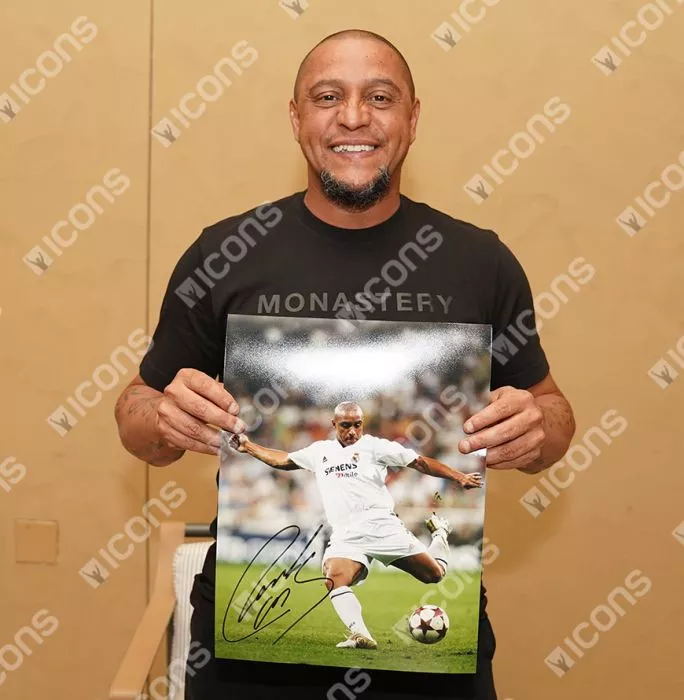 Roberto Carlos Signed Real Madrid CF Photo In Black Wooden Frame: Los Blancos Icon