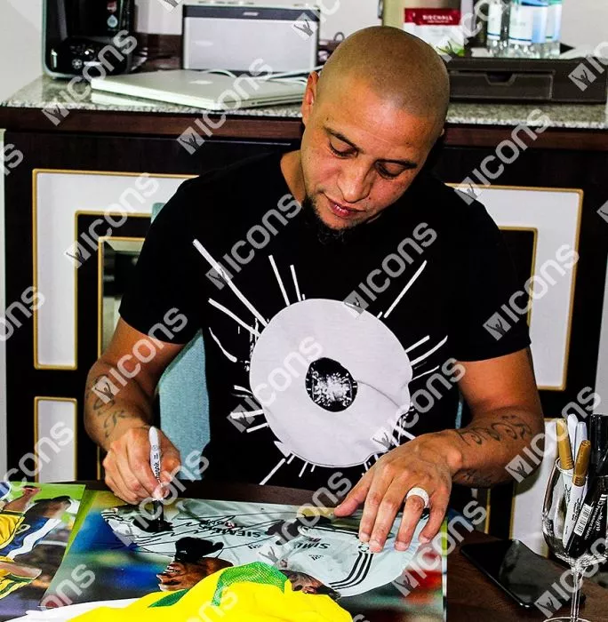 Roberto Carlos Signed Real Madrid Photo: Celebrating With Figo