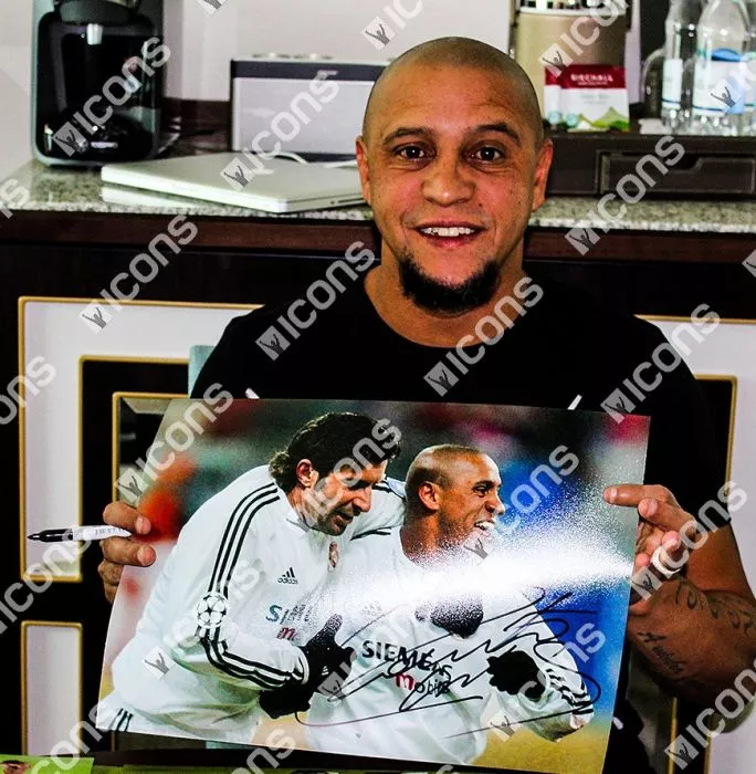 Roberto Carlos Signed Real Madrid Photo: Celebrating With Figo