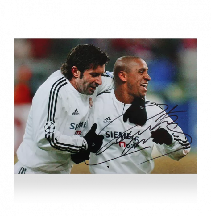 Roberto Carlos Signed Real Madrid Photo: Celebrating With Figo