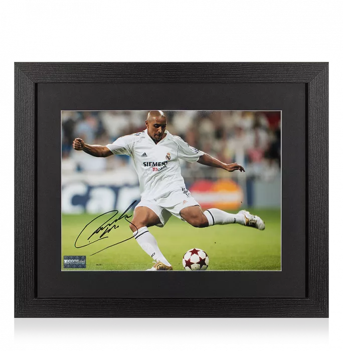 Roberto Carlos Signed Real Madrid Photo In Black Wooden Frame: UEFA Champions League Icon