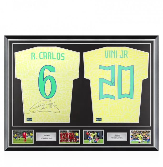 Roberto Carlos & Vinicius Jr Signed Brazil Shirts In Classic Dual Frame