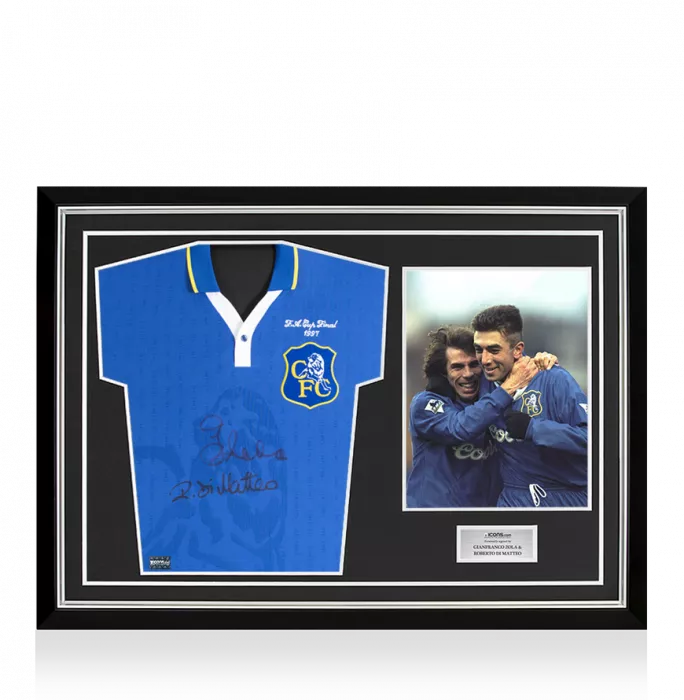Roberto Di Matteo & Gianfranco Zola Front Signed Chelsea 1997-98 Home Shirt In Hero Frame: Option 1