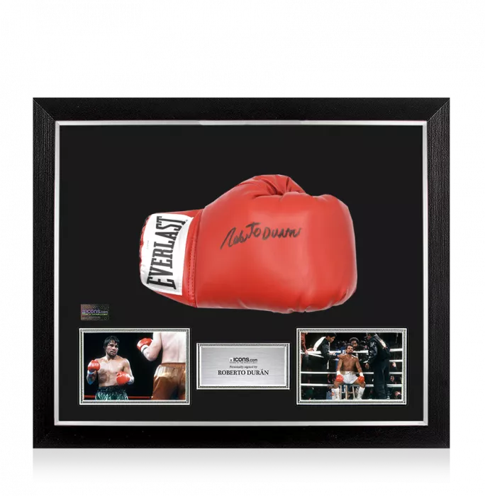 Roberto Duran Signed Everlast Red Boxing Glove In Bubble Frame: Option 1
