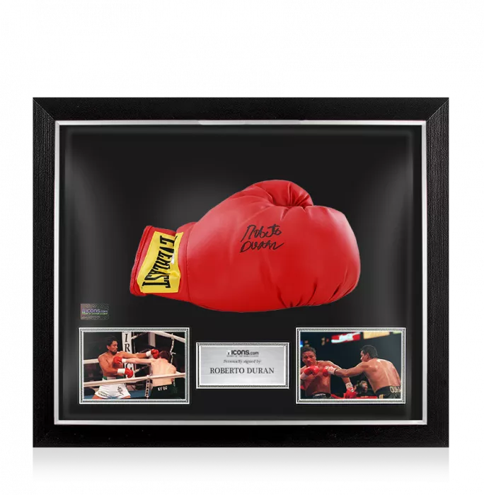 Roberto Duran Signed Red Everlast Boxing Glove With Gold Wrist Patch In Bubble Frame: Option 1