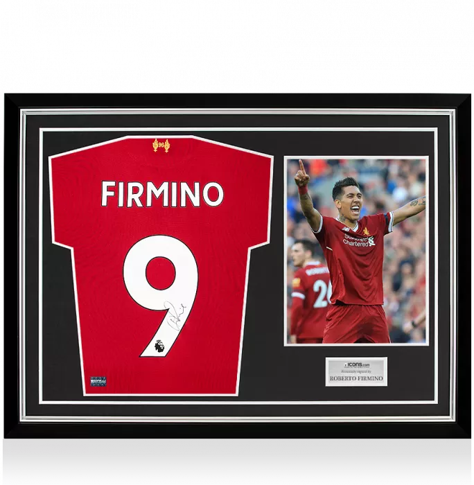 Roberto Firmino Back Signed Liverpool 2017-18 Home Shirt In Hero Frame: Option 2