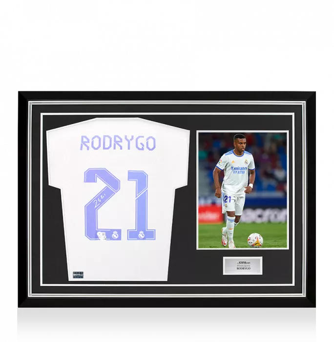 Rodrygo Back Signed Real Madrid CF 2021-22 Home Shirt In Hero Frame: Option 1