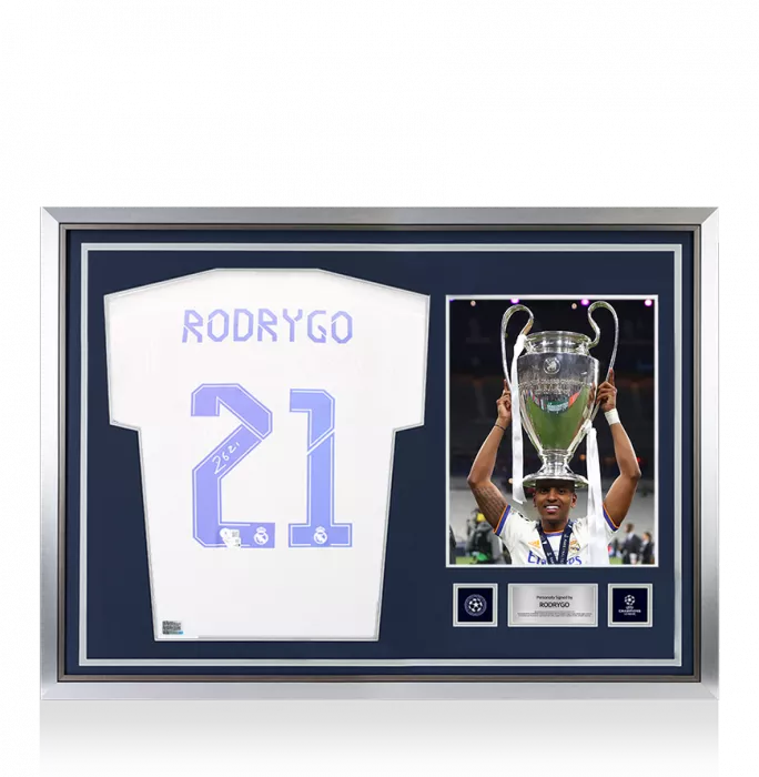 Rodrygo Official UEFA Champions League Back Signed And Hero Framed Real Madrid CF 2021-22 Home Shirt