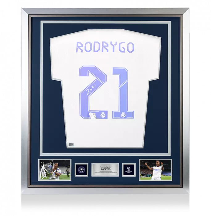 Rodrygo Official UEFA Champions League Back Signed and Framed Real Madrid CF 2021-22 Home Shirt