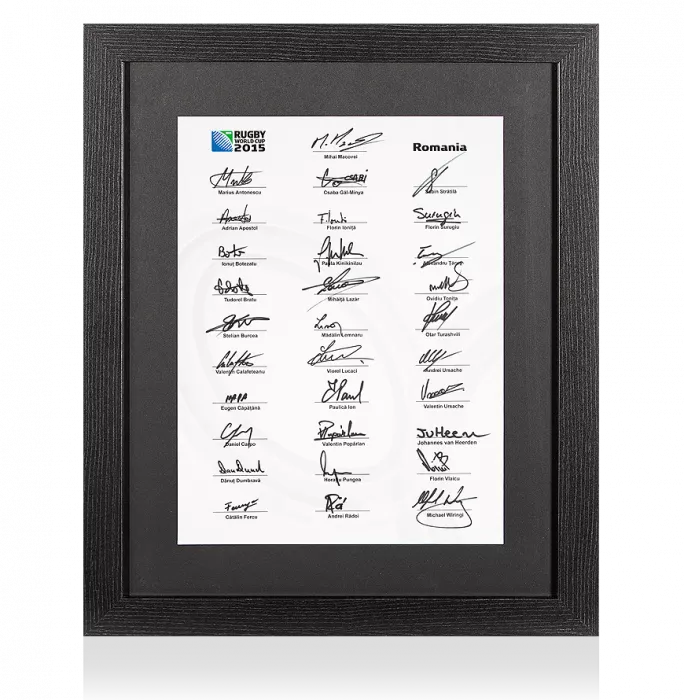 Romania Rugby World Cup 2015 Squad Signed Card In Black Wooden Frame: Signed By 31