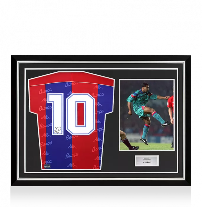 Romario Back Signed FC Barcelona 1992-95 Home Shirt with Fan Style Numbers In Hero Frame: Option 1