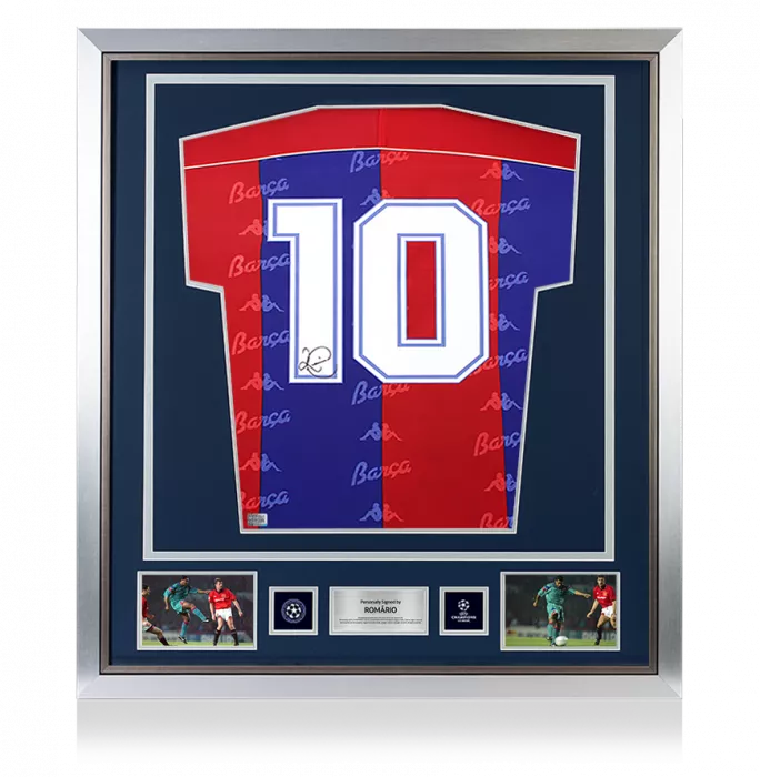 Romario Official UEFA Champions League Back Signed and Framed FC Barcelona 1992-95 Home Shirt with Fan Style Numbers