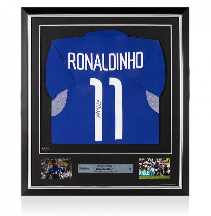 Ronaldinho Back Signed and Framed Brazil 2002 Away Shirt