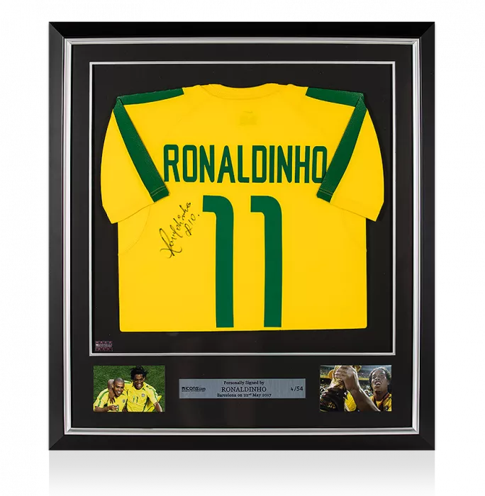 Ronaldinho Back Signed and Framed Brazil 2002 Home Shirt