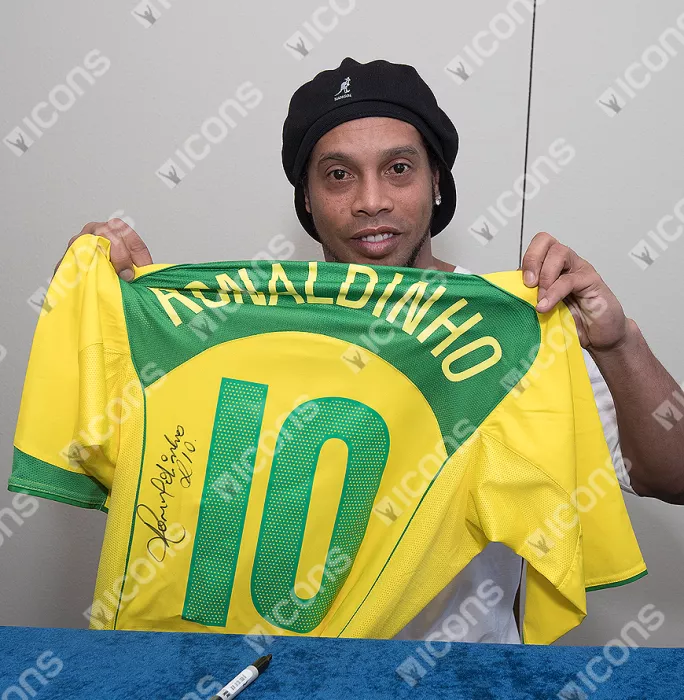 Ronaldinho Back Signed Brazil 2004 Home Shirt