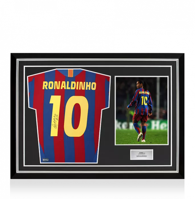 Ronaldinho Back Signed FC Barcelona 2005-06 Home Shirt with Fan Style Numbers In Hero Frame: Option 1