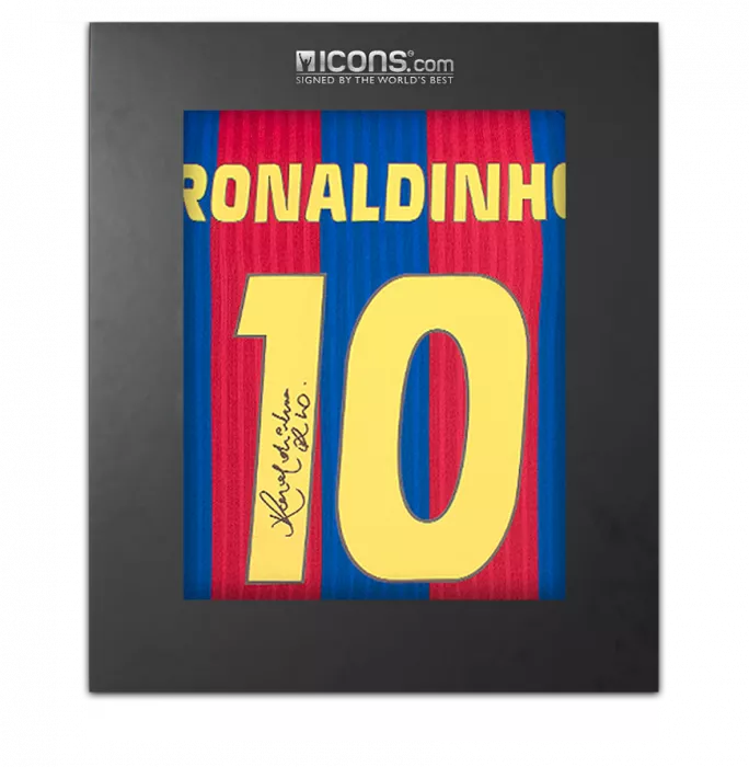 Ronaldinho Back Signed FC Barcelona 2016-17 Home Shirt with Fan Style Numbers In Deluxe Packaging