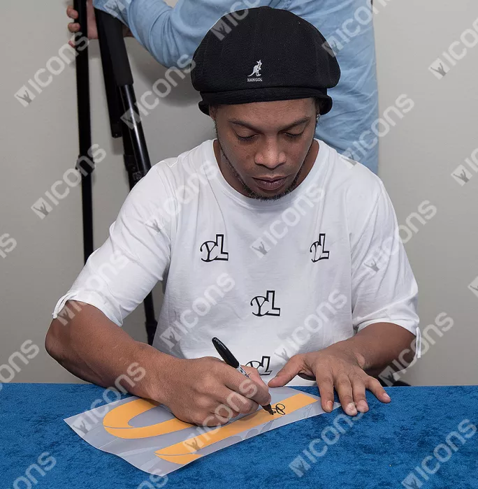 Ronaldinho Back Signed Modern Barcelona Home Shirt With Fan Style Numbers