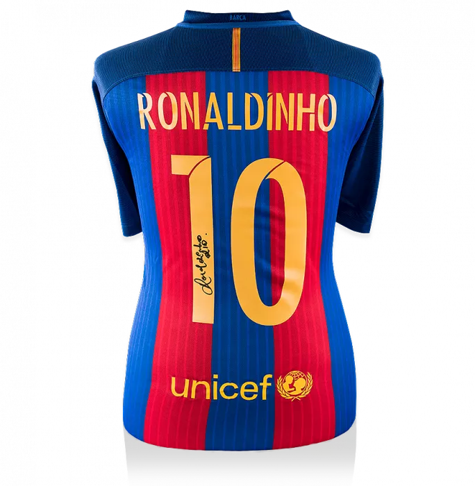Ronaldinho Back Signed Modern Barcelona Home Shirt With Fan Style Numbers