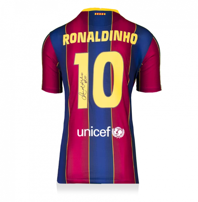 Ronaldinho Back Signed Modern FC Barcelona Home Shirt With Fan Style Numbers In Hero Frame: Option 1