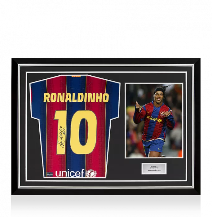 Ronaldinho Back Signed Modern FC Barcelona Home Shirt With Fan Style Numbers In Hero Frame: Option 1