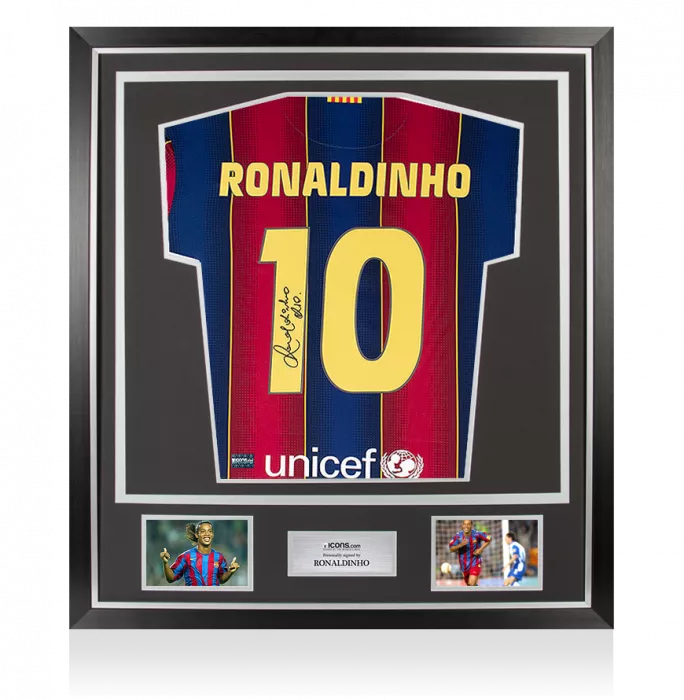 Ronaldinho Back Signed Modern FC Barcelona Home Shirt With Fan Style Numbers In Classic Frame