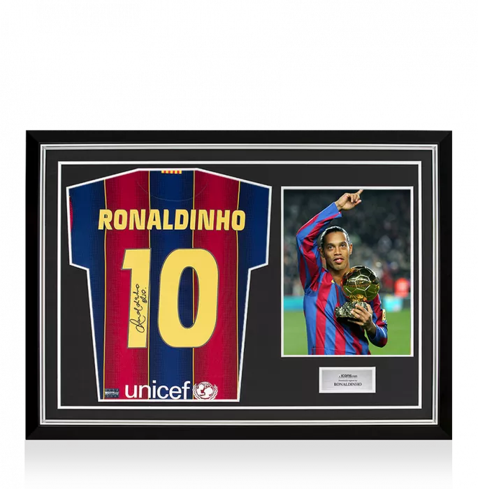 Ronaldinho Back Signed Modern FC Barcelona Home Shirt With Fan Style Numbers In Hero Frame: Option 2