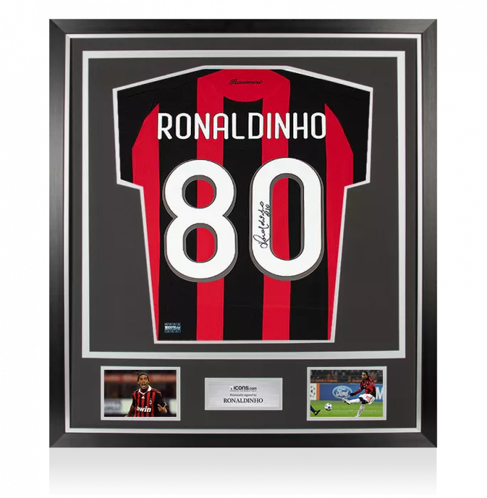 Ronaldinho Back Signed Retro AC Milan Home Shirt With Fan Style Numbers In Classic Frame