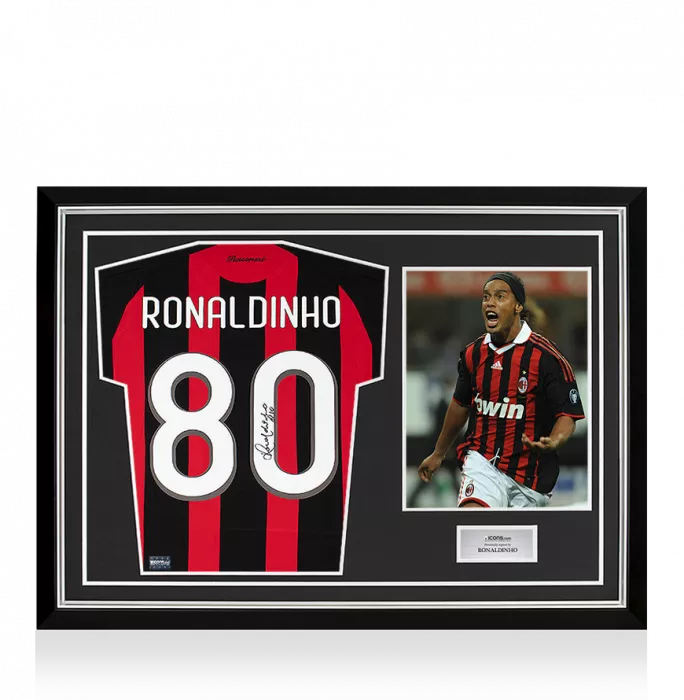 Ronaldinho Back Signed Retro AC Milan Home Shirt With Fan Style Numbers In Hero Frame: Option 1