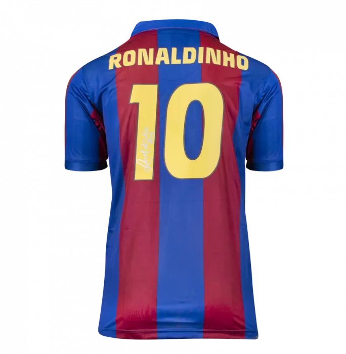 Ronaldinho Back Signed Retro FC Barcelona Home Shirt With Fan Style Numbers: Signed In Silver