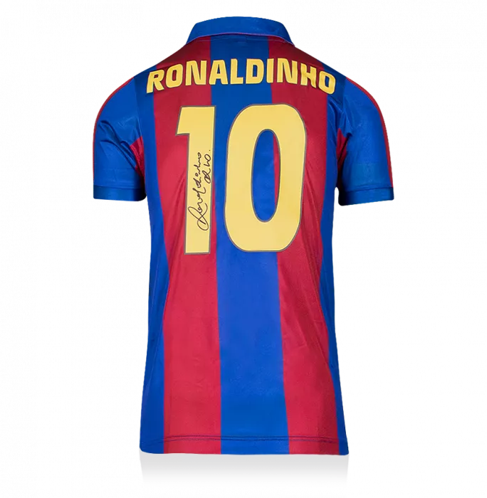 Ronaldinho Back Signed Retro FC Barcelona Home Shirt With Fan Style Numbers