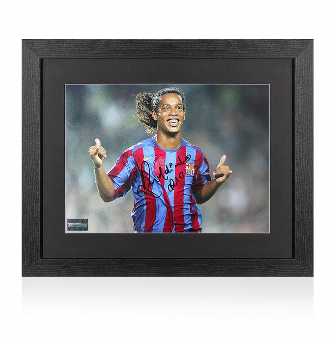 Ronaldinho Black Signed FC Barcelona Photo In Black Wooden Frame: Barca's Brilliant Brazilian