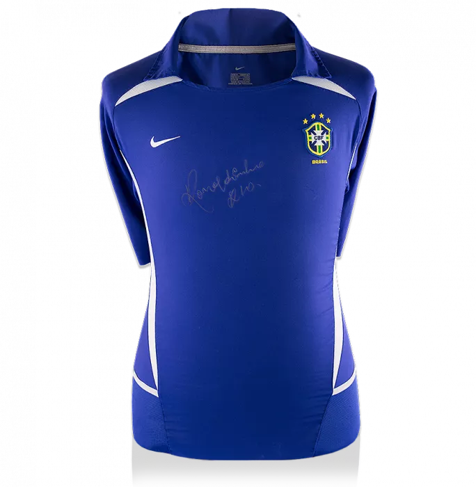 Ronaldinho Front Signed Brazil 2002 Away Shirt In Silver