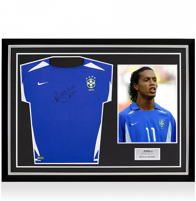 Ronaldinho Front Signed Brazil 2002 Away Shirt In Hero Frame: Option 1