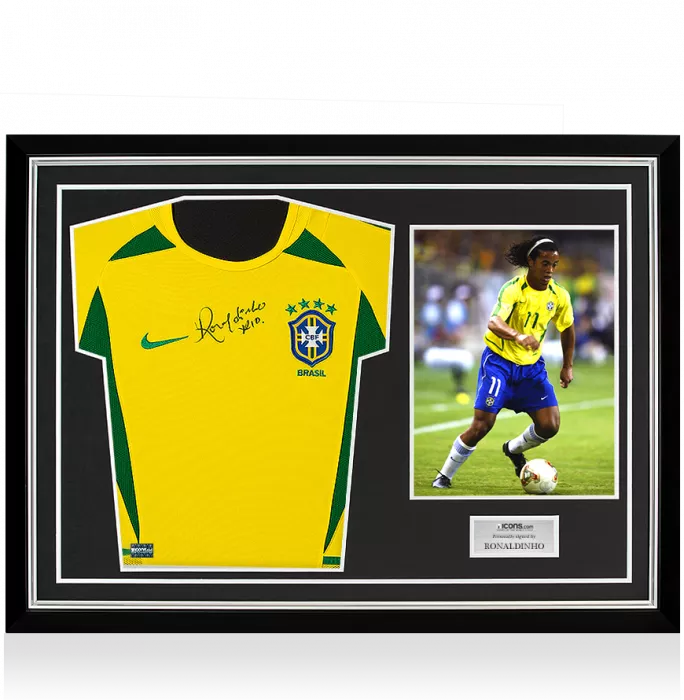 Ronaldinho Front Signed Brazil 2002 Home Shirt In Hero Frame: Option 1