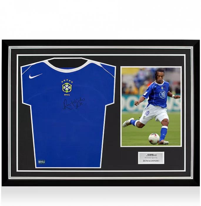 Ronaldinho Front Signed Brazil 2004 Away Shirt In Hero Frame: Option 1