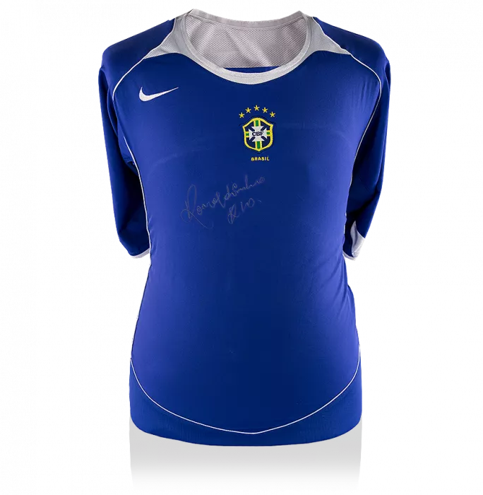 Ronaldinho Front Signed Brazil 2004 Away Shirt In Silver