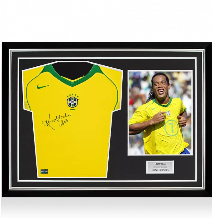 Ronaldinho Front Signed Brazil 2004 Home Shirt In Hero Frame: Option 1