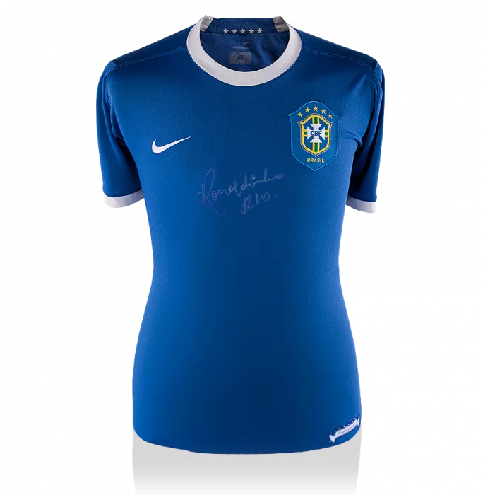 Ronaldinho Front Signed Brazil 2006 Away Shirt In Silver