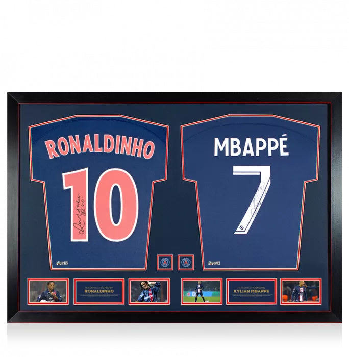 Ronaldinho & Kylian Mbappe Signed Shirts In Official Paris Saint-Germain Dual Frame