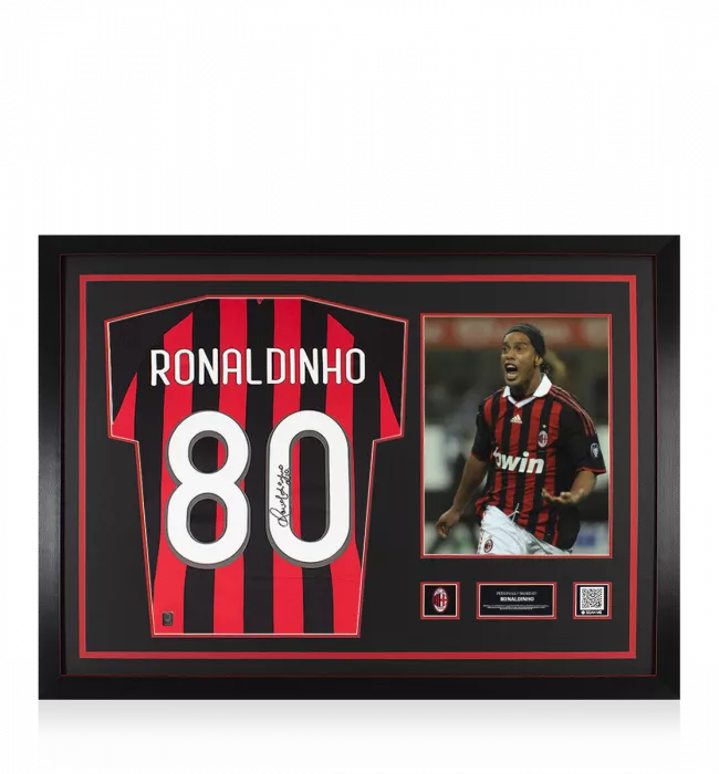 Ronaldinho Official AC Milan Back Signed And Framed Modern Home Shirt With Fan Style Numbers