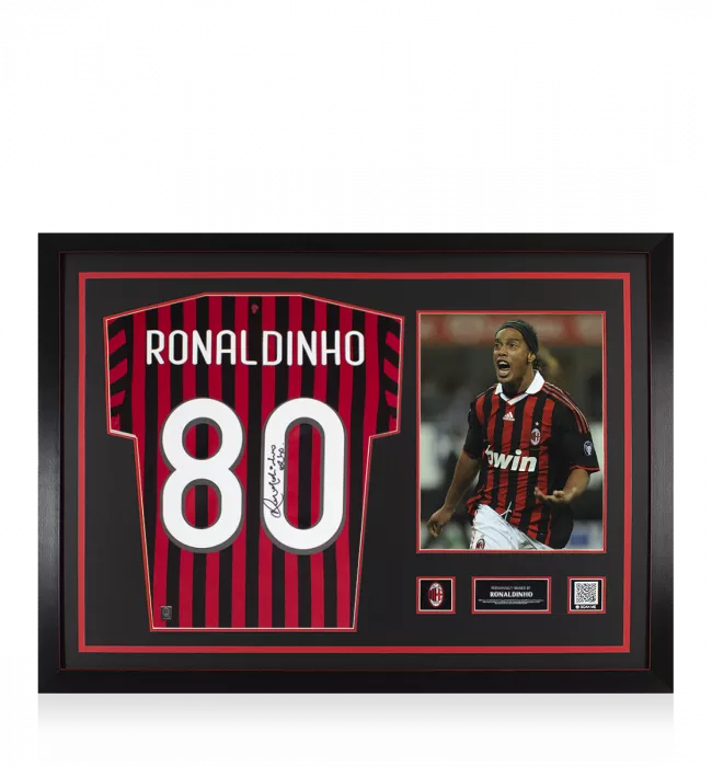 Ronaldinho Official AC Milan Back Signed And Framed Modern Home Shirt With Fan Style Numbers