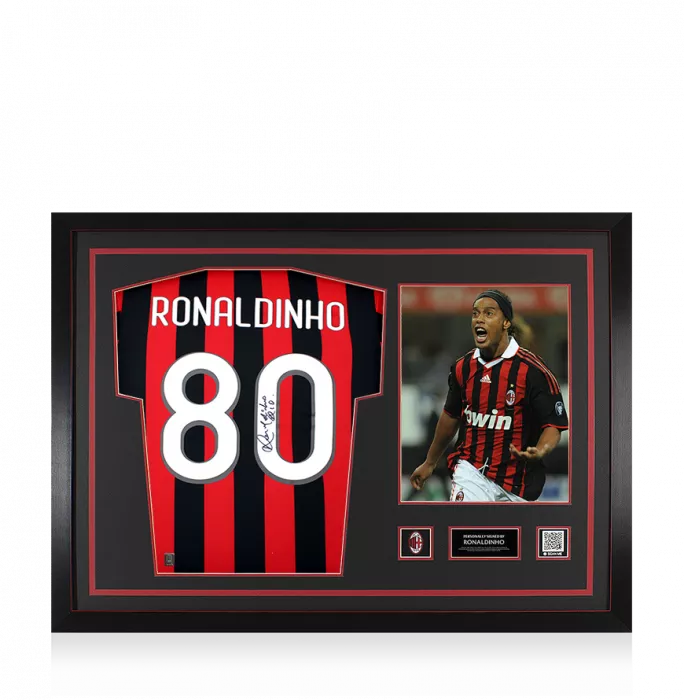 Ronaldinho Official AC Milan Back Signed And Framed Retro Shirt