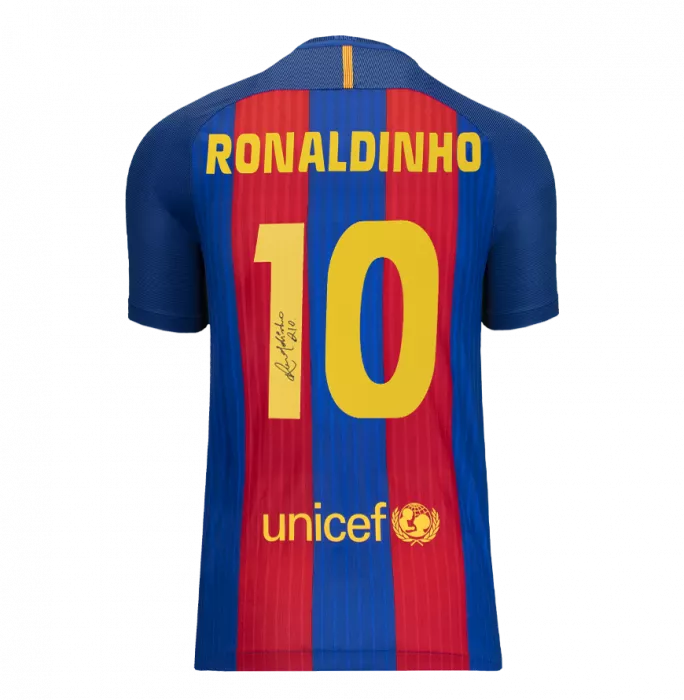 Ronaldinho Official Ballon D'Or™ Back Signed And Hero Framed FC Barcelona 2016-17 Home Shirt
