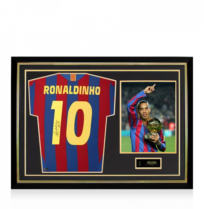 Ronaldinho Official Ballon d'Or™ Back Signed and Hero Framed FC Barcelona 2005-06 Home Shirt with Fan Style Numbers
