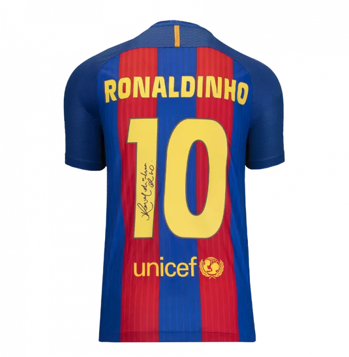 Ronaldinho Official Ballon D'Or™ Back Signed And Hero Framed FC Barcelona 2016-17 Home Shirt