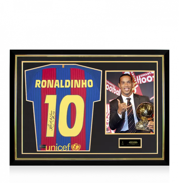 Ronaldinho Official Ballon D'Or™ Back Signed And Hero Framed FC Barcelona 2016-17 Home Shirt