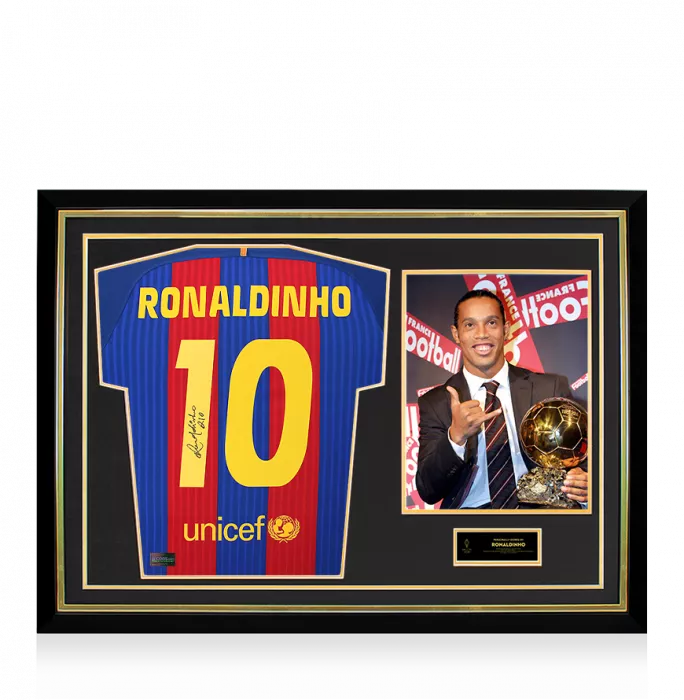 Ronaldinho Official Ballon d'Or™ Back Signed and Hero Framed FC Barcelona 2016-17 Home Shirt
