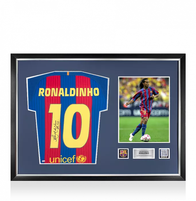Ronaldinho Official FC Barcelona Back Signed and Framed 2016-17 Home Shirt with Fan Style Numbers