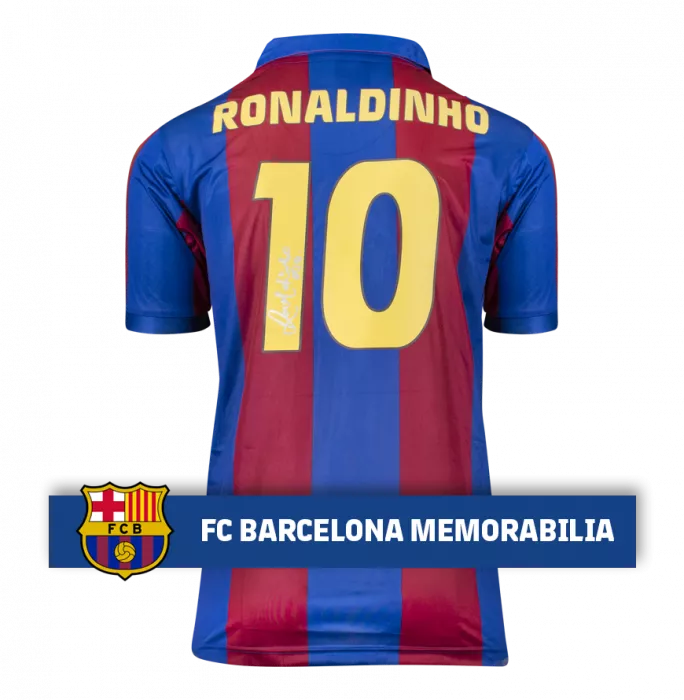 Ronaldinho Official FC Barcelona Back Signed And Framed Retro Home Shirt With Fan Style Numbers: Signed In Silver